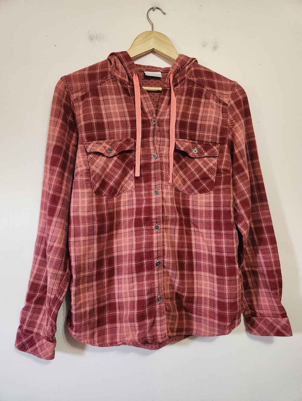 Columbia Maroon Plaid Hooded Flannel Shirt Button Up Roll Tab Long Sleeves L